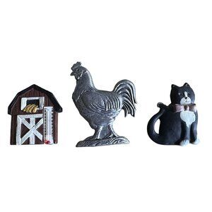 Vtg Refrigerator Magnets Barn With Thermometer Pewter Rooster & Kitty